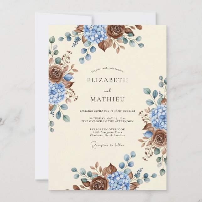 Dusty Blue Earthy Botanical Wedding Invitation (Front)