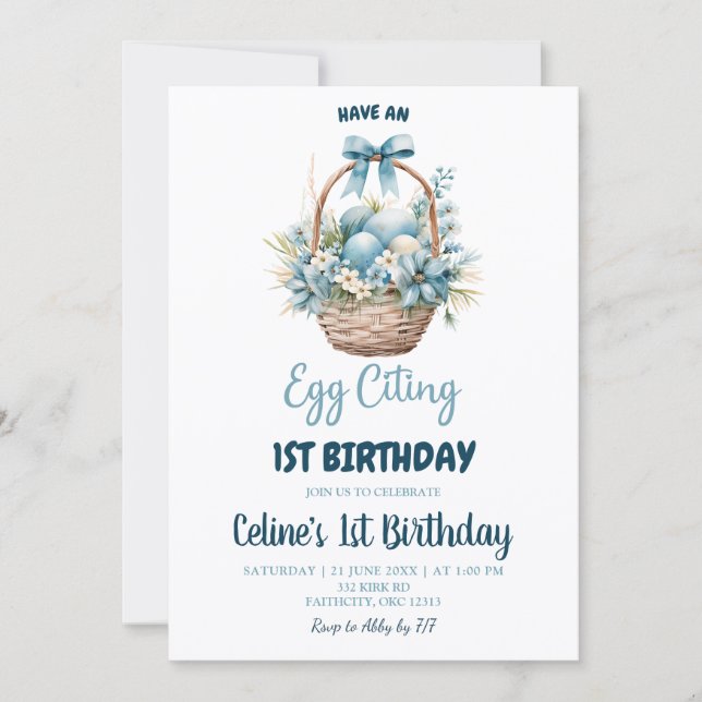Dusty Blue Eggciting Birthday Invitation (Front)
