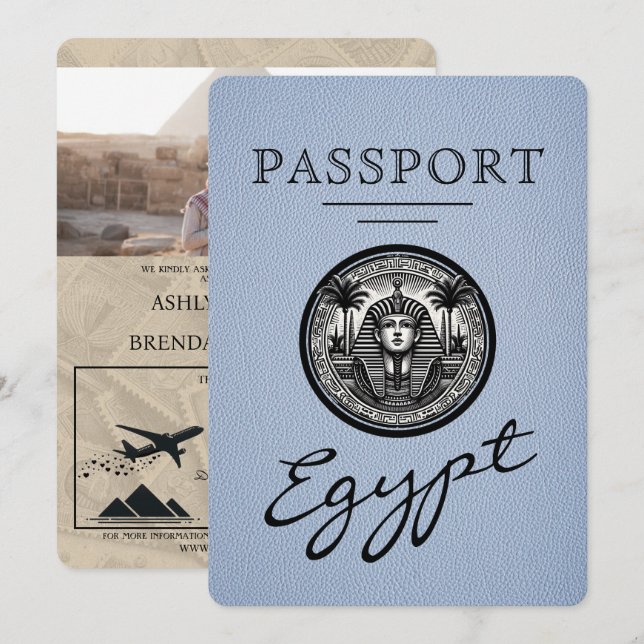 Dusty Blue Egypt Passport Wedding Invitation (Front/Back)