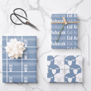 Dusty Blue Eid Adha Mubarak Kaaba Sheep Pattern Wrapping Paper Sheet