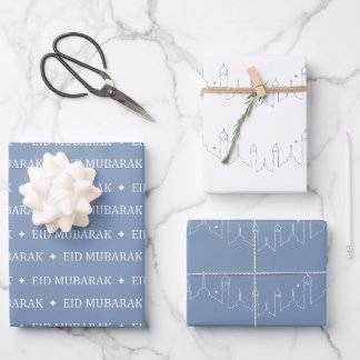 Dusty Blue Eid Mubarak Masjid Pattern Design Wrapping Paper Sheet