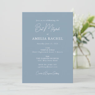 Dusty Blue Elegant Bat Mitzvah Modern Script Chic Invitation