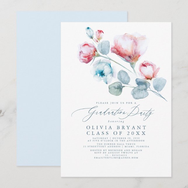 Dusty Blue Elegant Boho Floral Graduation Party Invitation (Front/Back)
