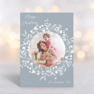 Dusty Blue Elegant Boho Wildflower Christmas  Holiday Card