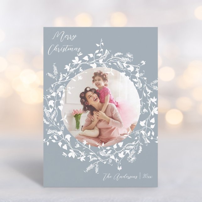 Dusty Blue Elegant Boho Wildflower Christmas  Holiday Card (Creator Uploaded)