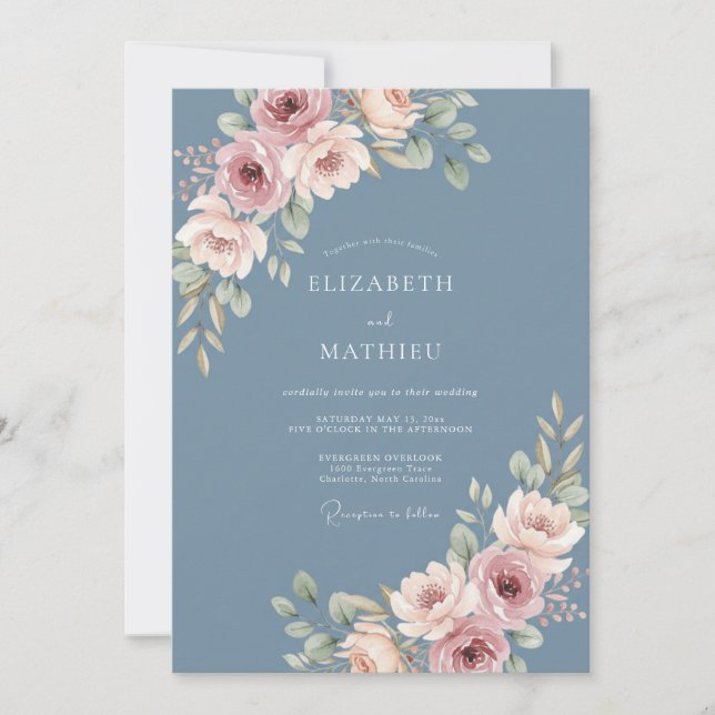 Dusty Blue Elegant Botanical Wedding Invitation (Front)