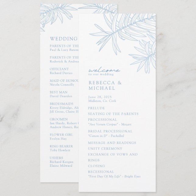 Dusty Blue Elegant Botanical Wedding Programme (Front/Back)