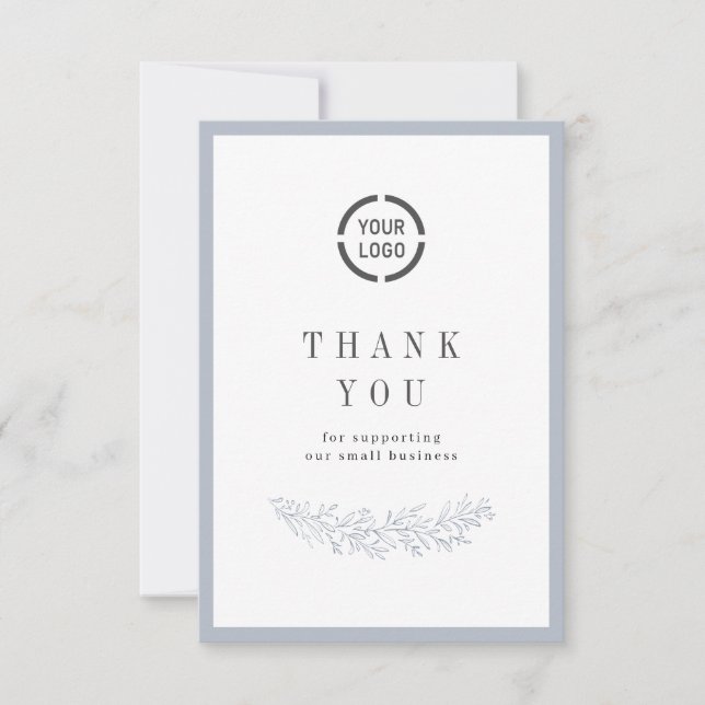 Dusty blue elegant botanical with logo business thank you card (Front)