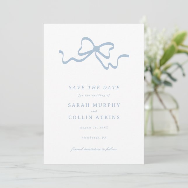 Dusty Blue Elegant Bow Save the Date Invitation (Standing Front)
