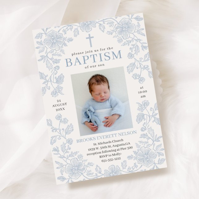 Dusty Blue Elegant Boy Baptism Invitation (Creator Uploaded)