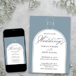 Dusty Blue Elegant Calligraphy Monogrammed Wedding Invitation<br><div class="desc">Dusty blue wedding invitation with elegant script calligraphy, logo style monogram and modern arched frame. Simple elegance, in dusty blue and white. Coordinating invitations, stationery and day of event decor can be found in my Wedding Colours collection. If you would like different colours or additional templates for matching products, please...</div>