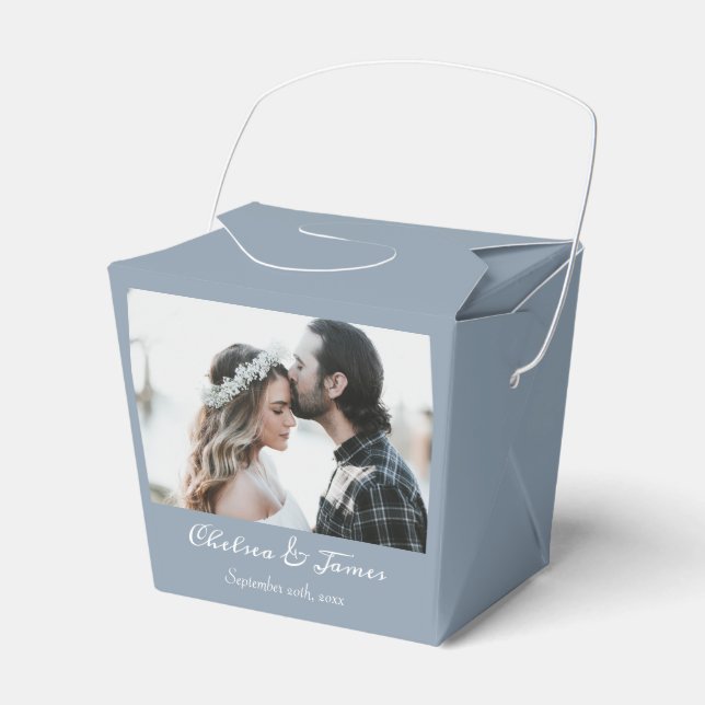 Dusty Blue Elegant Calligraphy Photo Wedding  Favour Box (Front Side)