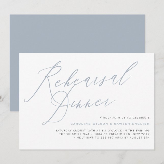 Dusty Blue Elegant Calligraphy Rehearsal Dinner Invitation (Front/Back)