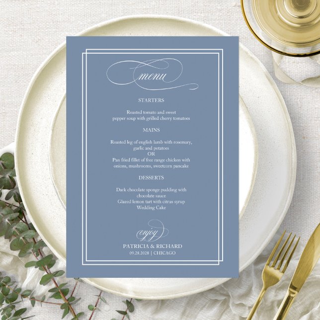 Dusty Blue Elegant Calligraphy Wedding Menu (Creator Uploaded)