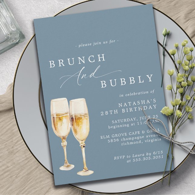 Dusty Blue | Elegant Champagne Birthday Brunch Invitation (Creator Uploaded)