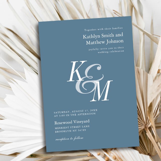 Dusty Blue Elegant Classic Monogram Wedding Invitation (Creator Uploaded)