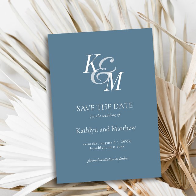 Dusty Blue Elegant Classic Monogram Wedding Save The Date (Creator Uploaded)