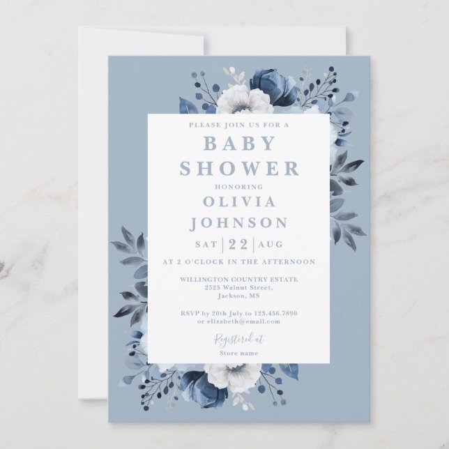 Dusty Blue Elegant Country Floral Baby Shower Invitation (Front)