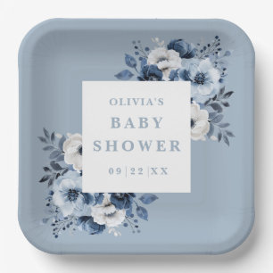 Dusty Blue Elegant Country Floral Baby Shower Paper Plate