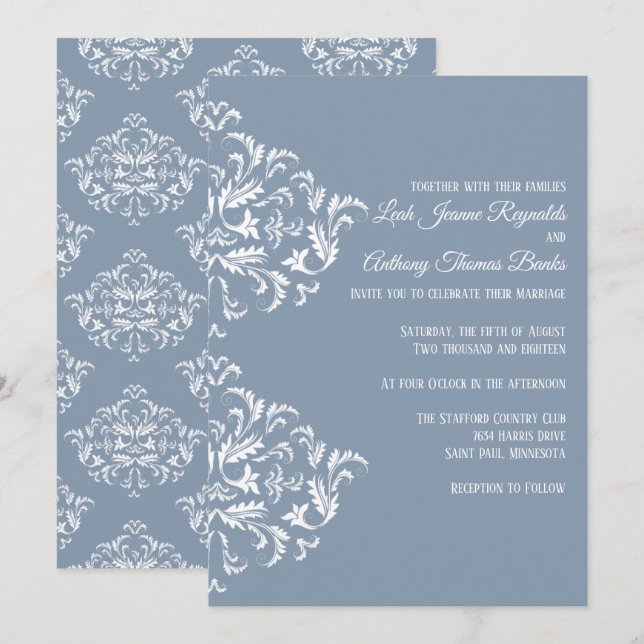 Dusty Blue Elegant Damask Invitation (Front/Back)