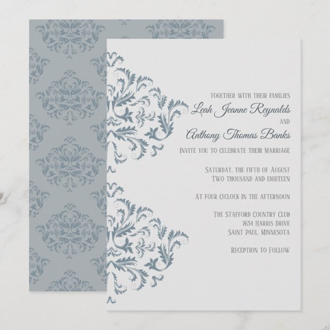 Dusty Blue Elegant Damask Invitation (Front/Back)