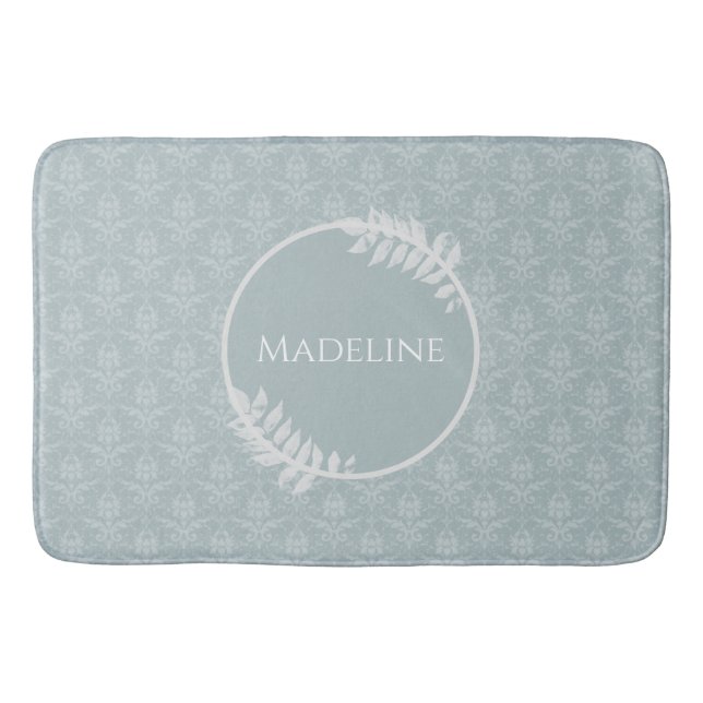 Dusty Blue Elegant Damask Personalised Bath Mat (Front)