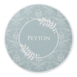 Dusty Blue Elegant Damask Personalised Ceramic Knob
