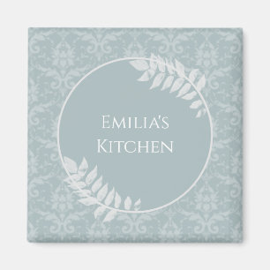 Dusty Blue Elegant Damask Personalised Magnet