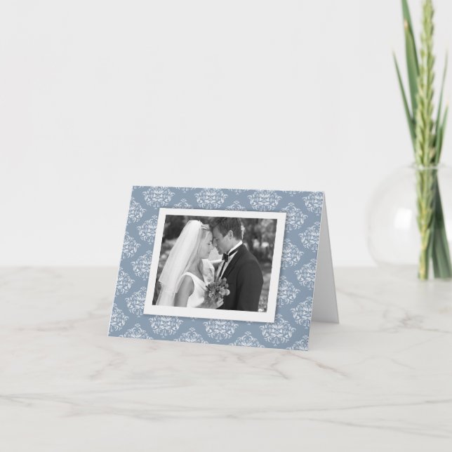 Dusty blue Elegant Damask Photo Thank you Card (Front)
