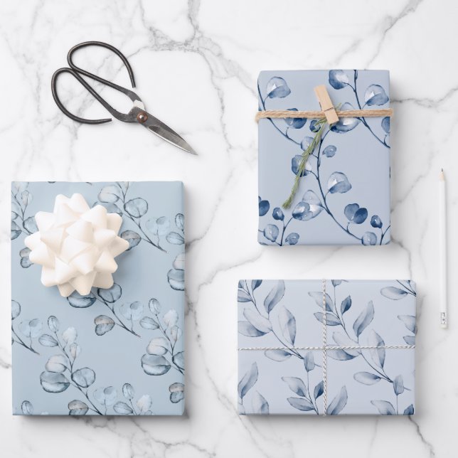 Dusty Blue Elegant Eucalyptus Wedding Gift Wrapping Paper Sheet (Front)