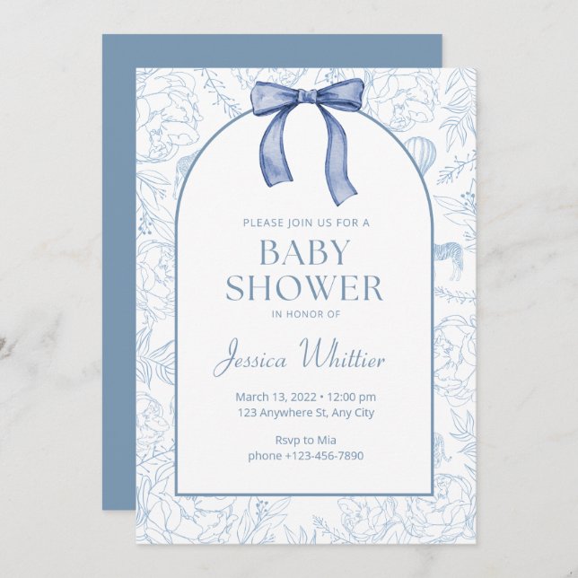 Dusty Blue Elegant Floral Baby Shower Invitation (Front/Back)