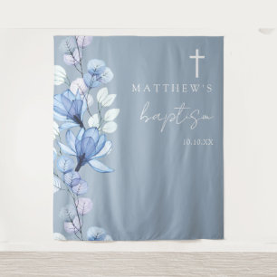 Dusty Blue Elegant Floral Baptism Photo Backdrop Tapestry