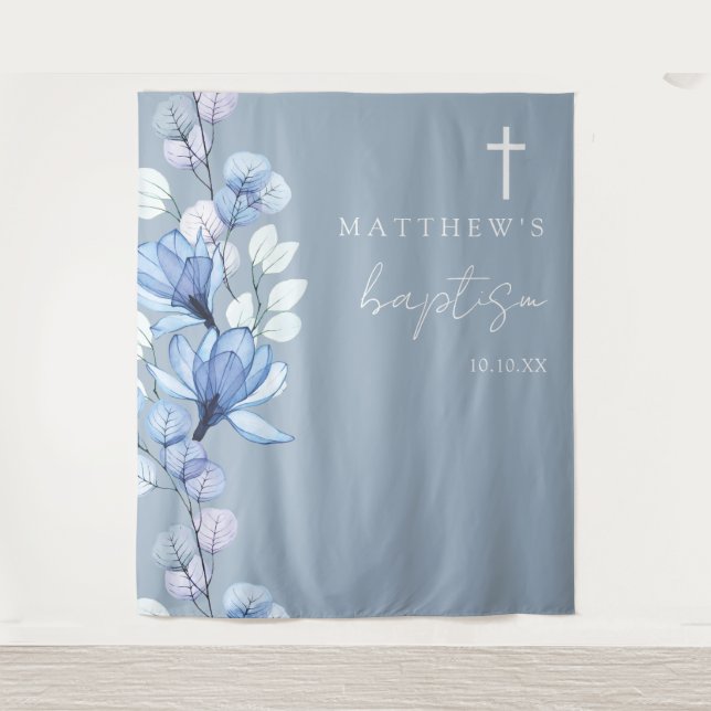 Dusty Blue Elegant Floral Baptism Photo Backdrop Tapestry (Front)
