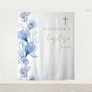 Dusty Blue Elegant Floral Baptism Photo Backdrop Tapestry
