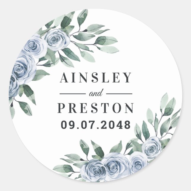 Dusty Blue Elegant Floral Boho Rose Rustic Wedding Classic Round Sticker (Front)