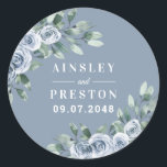 Dusty Blue Elegant Floral Boho Rose Rustic Wedding Classic Round Sticker<br><div class="desc">Design features elegant watercolor greenery with boho dusty blue rose floral elements. Design also features a modern typography font layout.</div>