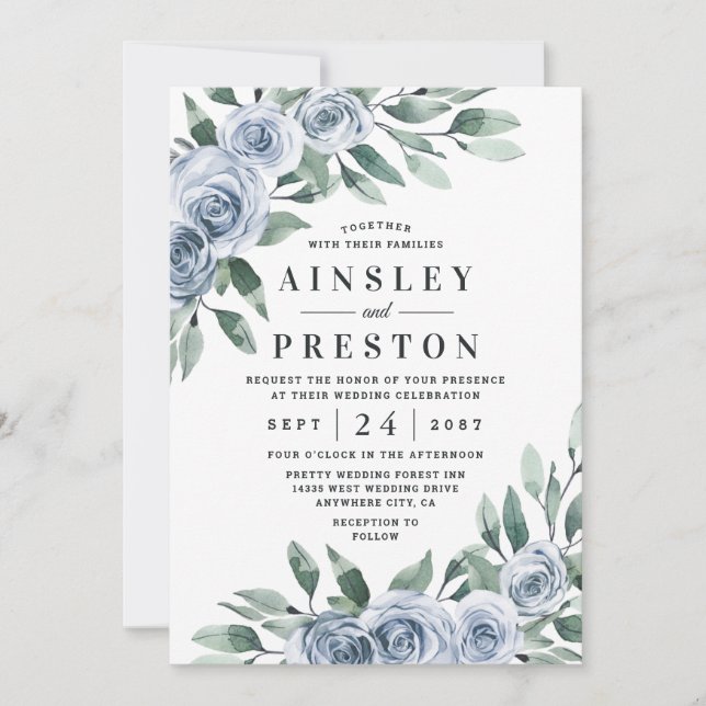 Dusty Blue Elegant Floral Boho Rose Rustic Wedding Invitation (Front)