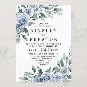 Dusty Blue Elegant Floral Boho Rose Rustic Wedding Invitation