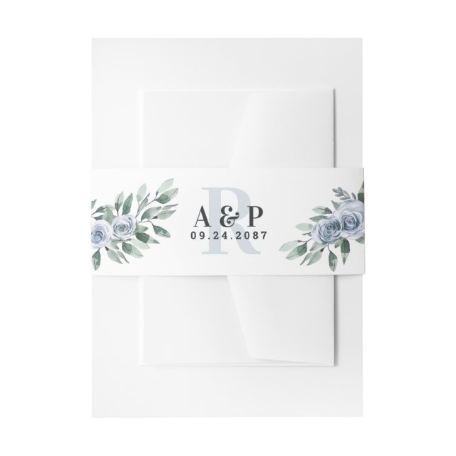 Dusty Blue Elegant Floral Boho Rose Rustic Wedding Invitation Belly Band (Front Example)