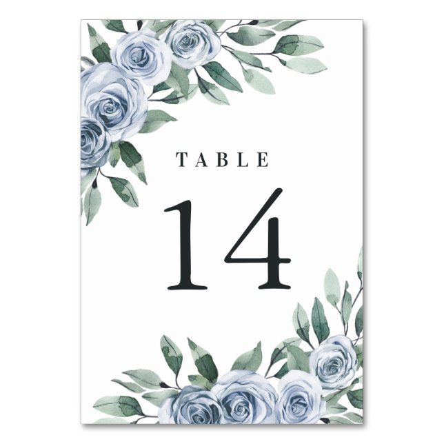 Dusty Blue Elegant Floral Boho Rose Rustic Wedding Table Number (Front)
