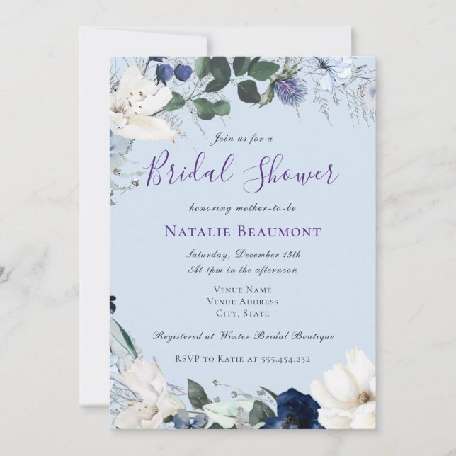 Dusty Blue Elegant Floral Bridal Shower Invitation (Front)