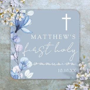 Dusty Blue Elegant Floral First Holy Communion Square Sticker