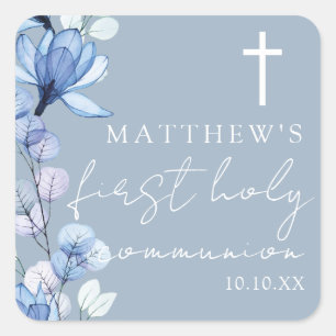 Dusty Blue Elegant Floral First Holy Communion Square Sticker