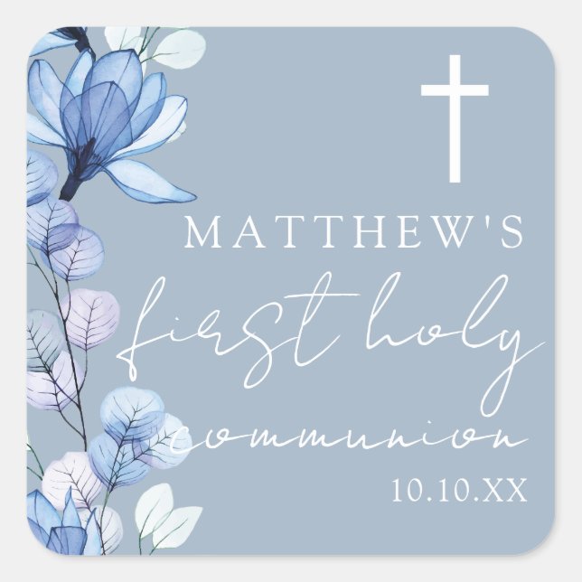 Dusty Blue Elegant Floral First Holy Communion Square Sticker (Front)
