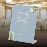 Dusty Blue Elegant Floral Greenery Guest Book