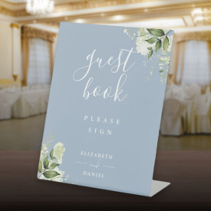 Dusty Blue Elegant Floral Greenery Guest Book Pedestal Sign