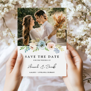 Dusty Blue Elegant Floral Rustic Save The Date
