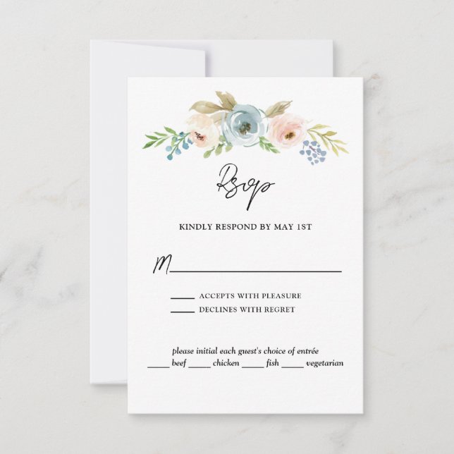 Dusty Blue Elegant Floral Rustic Wedding RSVP Card (Front)