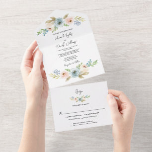 Dusty Blue Elegant Floral Rustic Wedding with RSVP All In One Invitation