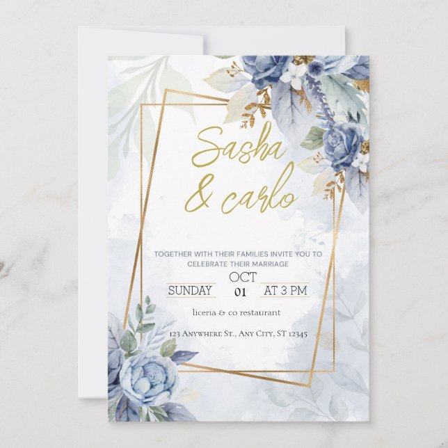  Dusty Blue Elegant Floral Wedding Invitation card (Front)